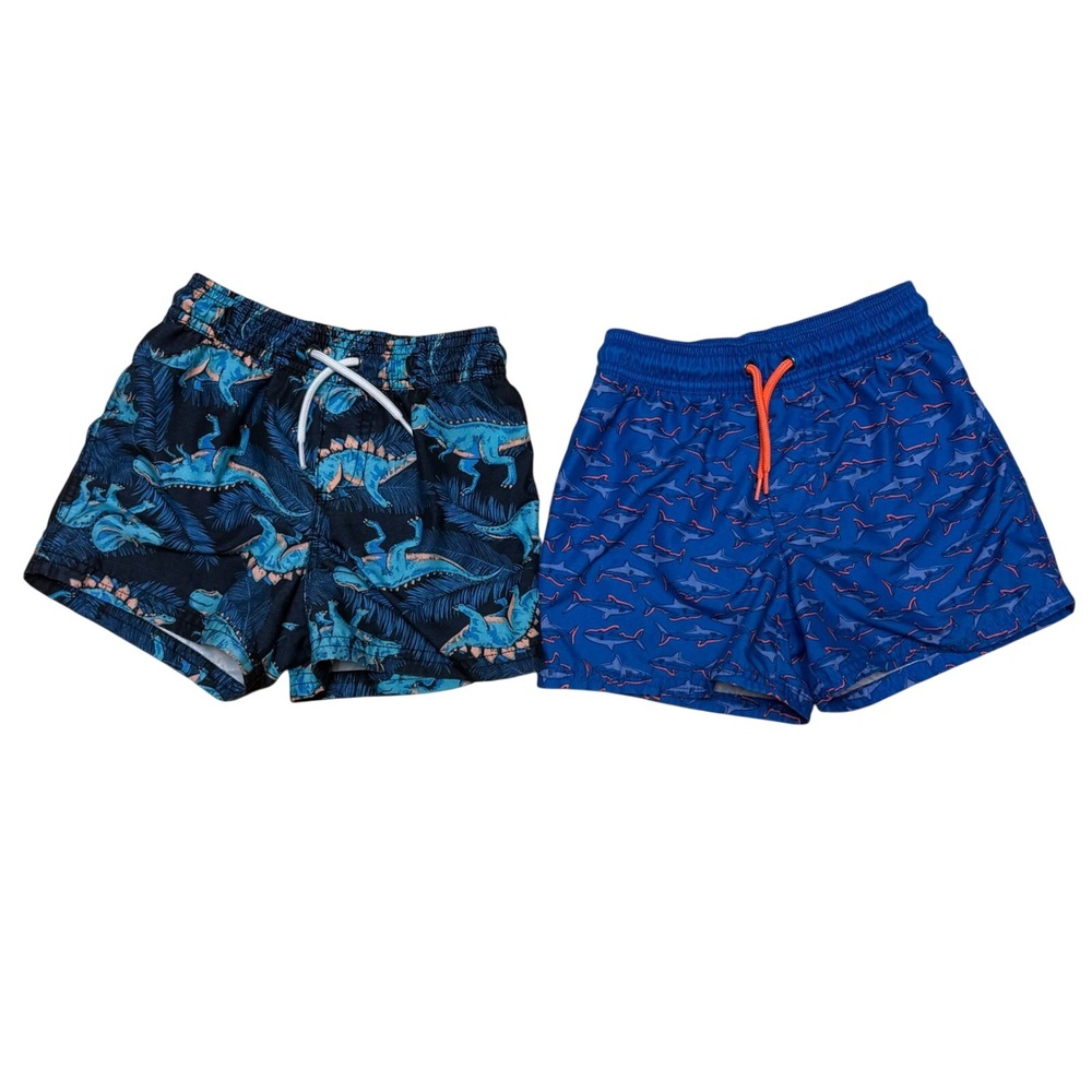 Carter's Boys 5T Swim Trunks Bundle‎ Dinosaur Shark Blue Elastic Waist 2 Pack